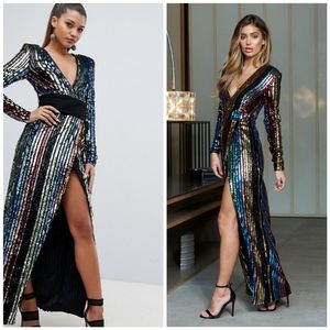 NWT Club L London Stripe Sequin Wrap Maxi Dress